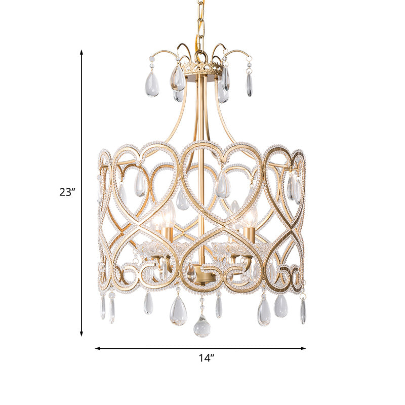 Silver 4 Lights Chandelier Antique Crystal Beaded Drum Hanging Lamp with Swirl Pattern Clearhalo 'Ceiling Lights' 'Chandeliers' Lighting' options 787343