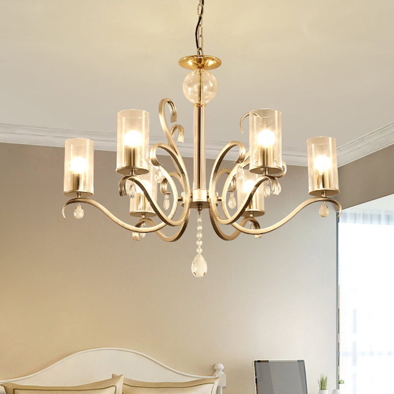 6/8-Head Tube Shade Chandelier Lamp Antiqued Gold Clear Glass Hanging Ceiling Light with K9 Crystal Accent Clearhalo 'Ceiling Lights' 'Chandeliers' Lighting' options 787374