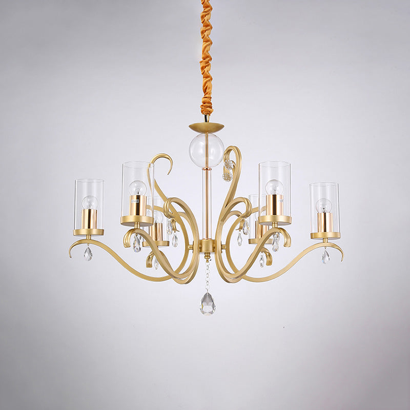 6/8-Head Tube Shade Chandelier Lamp Antiqued Gold Clear Glass Hanging Ceiling Light with K9 Crystal Accent Clearhalo 'Ceiling Lights' 'Chandeliers' Lighting' options 787375