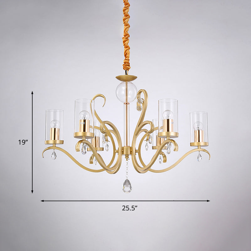 6/8-Head Tube Shade Chandelier Lamp Antiqued Gold Clear Glass Hanging Ceiling Light with K9 Crystal Accent Clearhalo 'Ceiling Lights' 'Chandeliers' Lighting' options 787376