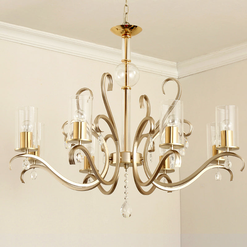 6/8-Head Tube Shade Chandelier Lamp Antiqued Gold Clear Glass Hanging Ceiling Light with K9 Crystal Accent Clearhalo 'Ceiling Lights' 'Chandeliers' Lighting' options 787377