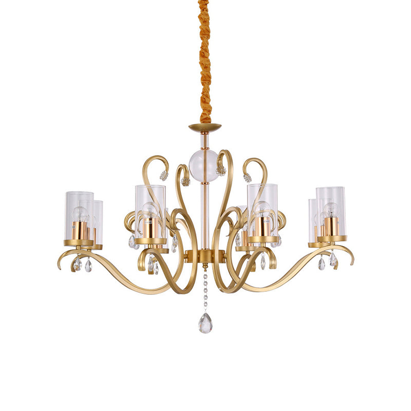 6/8-Head Tube Shade Chandelier Lamp Antiqued Gold Clear Glass Hanging Ceiling Light with K9 Crystal Accent Clearhalo 'Ceiling Lights' 'Chandeliers' Lighting' options 787380