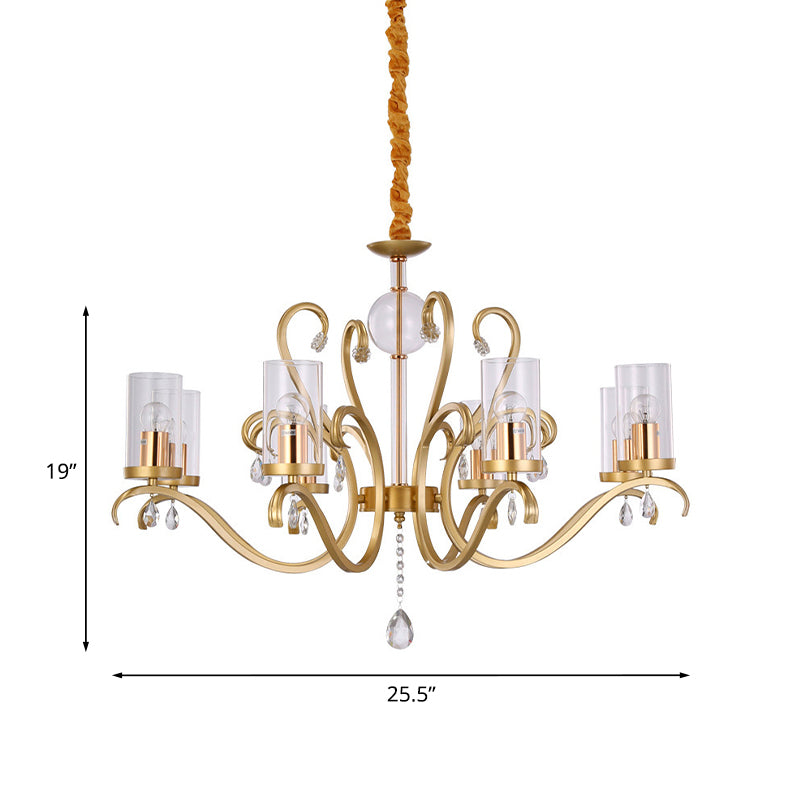 6/8-Head Tube Shade Chandelier Lamp Antiqued Gold Clear Glass Hanging Ceiling Light with K9 Crystal Accent Clearhalo 'Ceiling Lights' 'Chandeliers' Lighting' options 787381