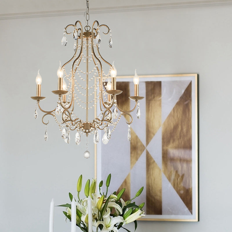 Rustic Candelabra Chandelier 6 Lights Crystal Strand Pendant Lighting in Gold over Table Clearhalo 'Ceiling Lights' 'Chandeliers' Lighting' options 787391