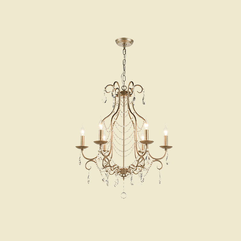 Rustic Candelabra Chandelier 6 Lights Crystal Strand Pendant Lighting in Gold over Table Clearhalo 'Ceiling Lights' 'Chandeliers' Lighting' options 787393