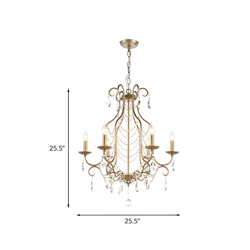 Rustic Candelabra Chandelier 6 Lights Crystal Strand Pendant Lighting in Gold over Table Clearhalo 'Ceiling Lights' 'Chandeliers' Lighting' options 787394