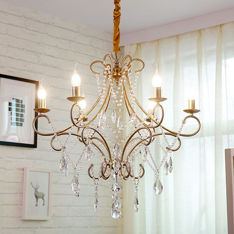 Gold Candle Style Scroll Arm Chandelier Victorian Crystal 5/6-Bulb Dining Room Ceiling Pendant Light Clearhalo 'Ceiling Lights' 'Chandeliers' Lighting' options 787407