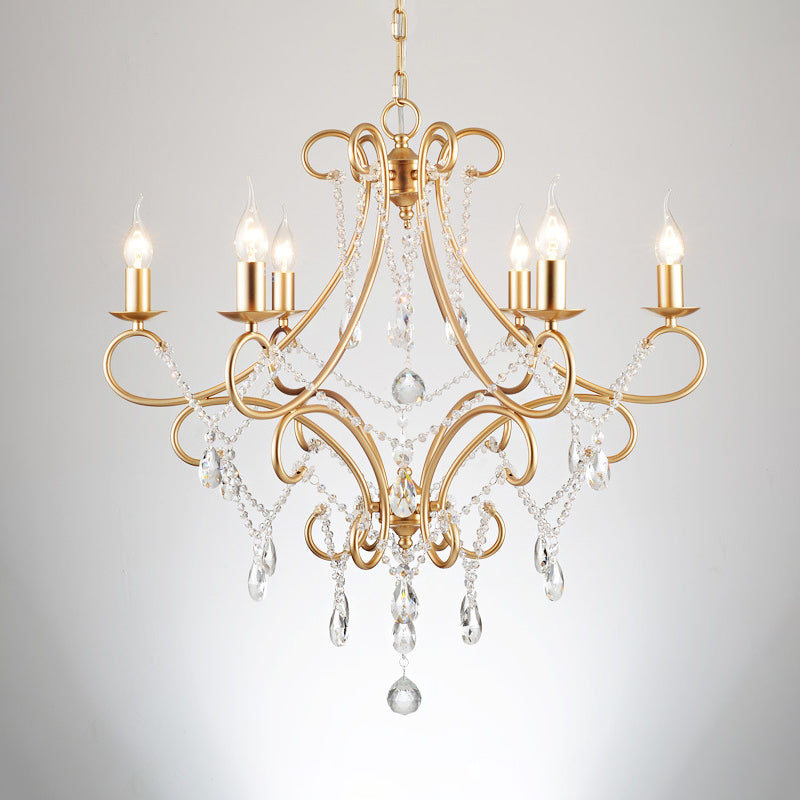 Gold Candle Style Scroll Arm Chandelier Victorian Crystal 5/6-Bulb Dining Room Ceiling Pendant Light Clearhalo 'Ceiling Lights' 'Chandeliers' Lighting' options 787409