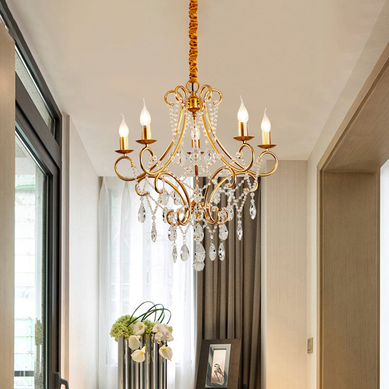 Gold Candle Style Scroll Arm Chandelier Victorian Crystal 5/6-Bulb Dining Room Ceiling Pendant Light 6 Gold Clearhalo 'Ceiling Lights' 'Chandeliers' Lighting' options 787411_e6b5a590-fb96-45a0-b861-c15445de626c