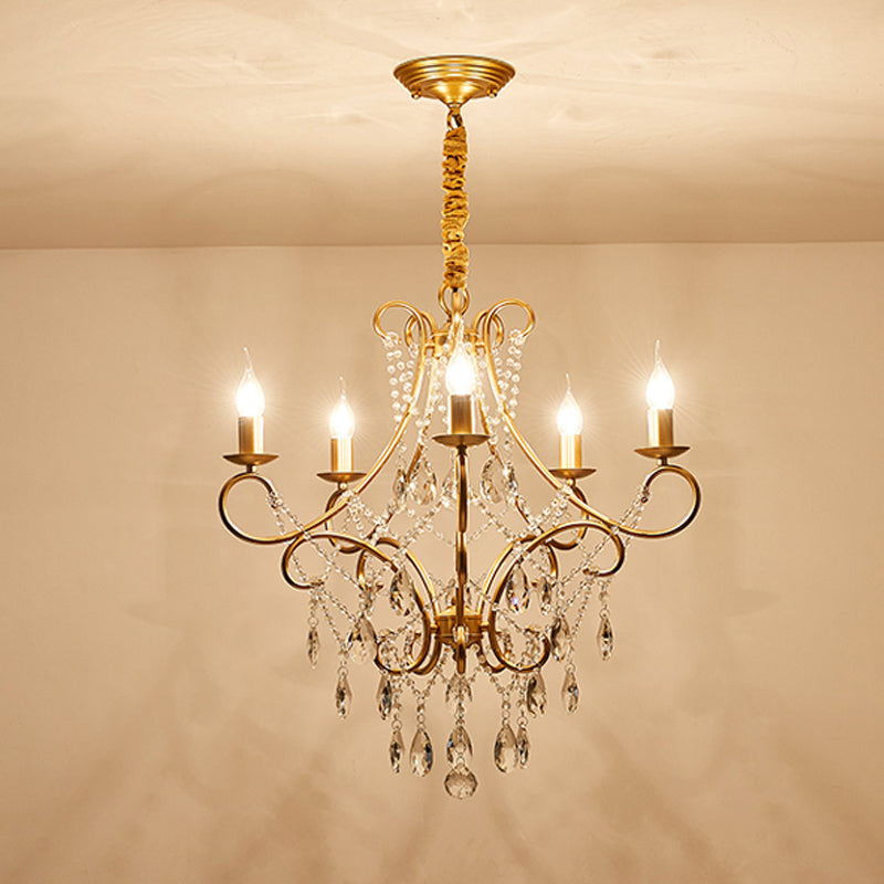 Gold Candle Style Scroll Arm Chandelier Victorian Crystal 5/6-Bulb Dining Room Ceiling Pendant Light Clearhalo 'Ceiling Lights' 'Chandeliers' Lighting' options 787412