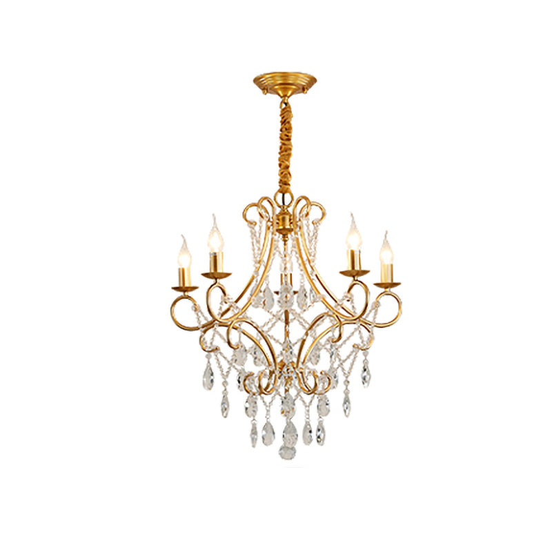 Gold Candle Style Scroll Arm Chandelier Victorian Crystal 5/6-Bulb Dining Room Ceiling Pendant Light Clearhalo 'Ceiling Lights' 'Chandeliers' Lighting' options 787413