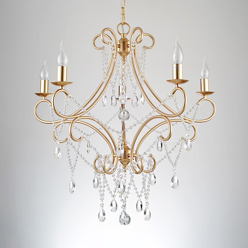 Gold Candle Style Scroll Arm Chandelier Victorian Crystal 5/6-Bulb Dining Room Ceiling Pendant Light Clearhalo 'Ceiling Lights' 'Chandeliers' Lighting' options 787414