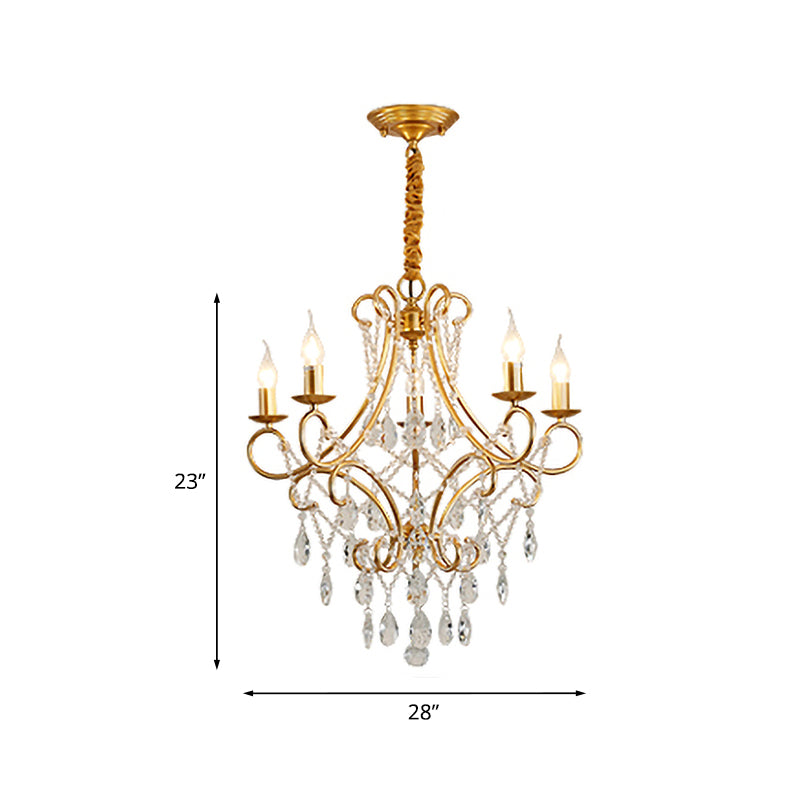 Gold Candle Style Scroll Arm Chandelier Victorian Crystal 5/6-Bulb Dining Room Ceiling Pendant Light Clearhalo 'Ceiling Lights' 'Chandeliers' Lighting' options 787415