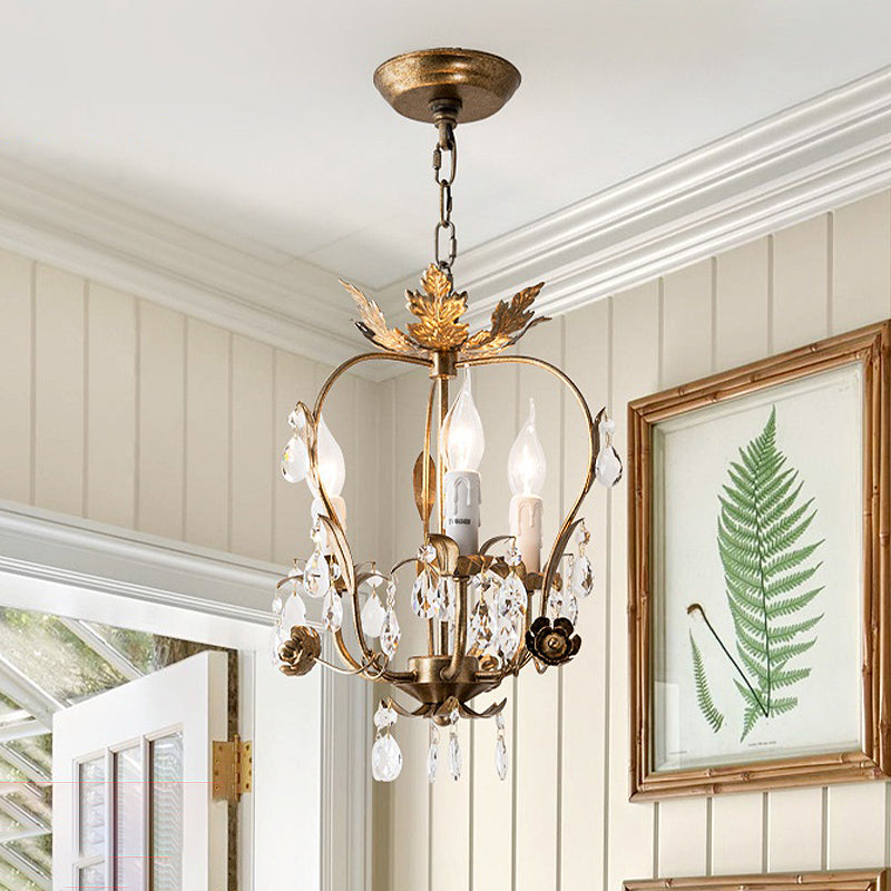 3 Lights Chandelier Pendant Countryside Inverted Pear Frame Crystal Hanging Lamp in Antiqued Brass Clearhalo 'Ceiling Lights' 'Chandeliers' Lighting' options 787416