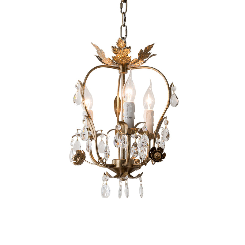 3 Lights Chandelier Pendant Countryside Inverted Pear Frame Crystal Hanging Lamp in Antiqued Brass Clearhalo 'Ceiling Lights' 'Chandeliers' Lighting' options 787417