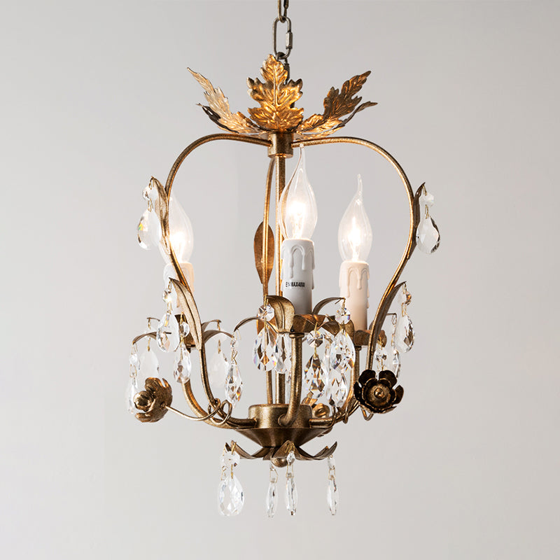 3 Lights Chandelier Pendant Countryside Inverted Pear Frame Crystal Hanging Lamp in Antiqued Brass Clearhalo 'Ceiling Lights' 'Chandeliers' Lighting' options 787418