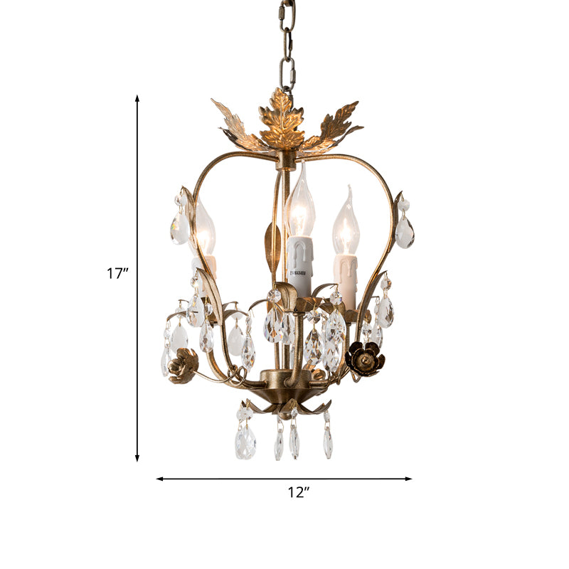 3 Lights Chandelier Pendant Countryside Inverted Pear Frame Crystal Hanging Lamp in Antiqued Brass Clearhalo 'Ceiling Lights' 'Chandeliers' Lighting' options 787419