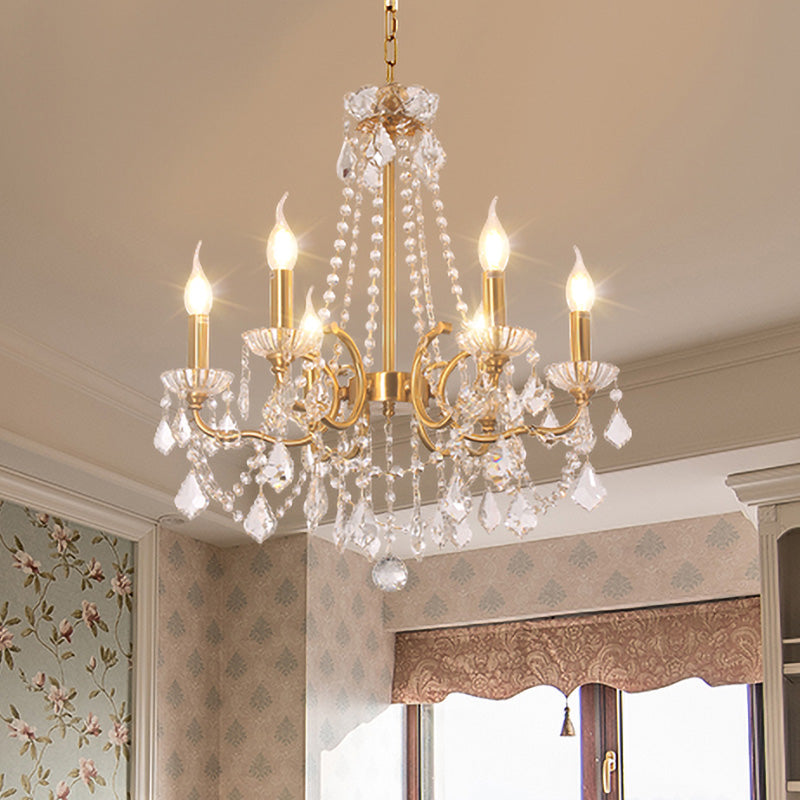 Candle Dining Lobby Ceiling Chandelier Antiqued Crystal 6-Light Gold Pendant Lighting Fixture Clearhalo 'Ceiling Lights' 'Chandeliers' Lighting' options 787459