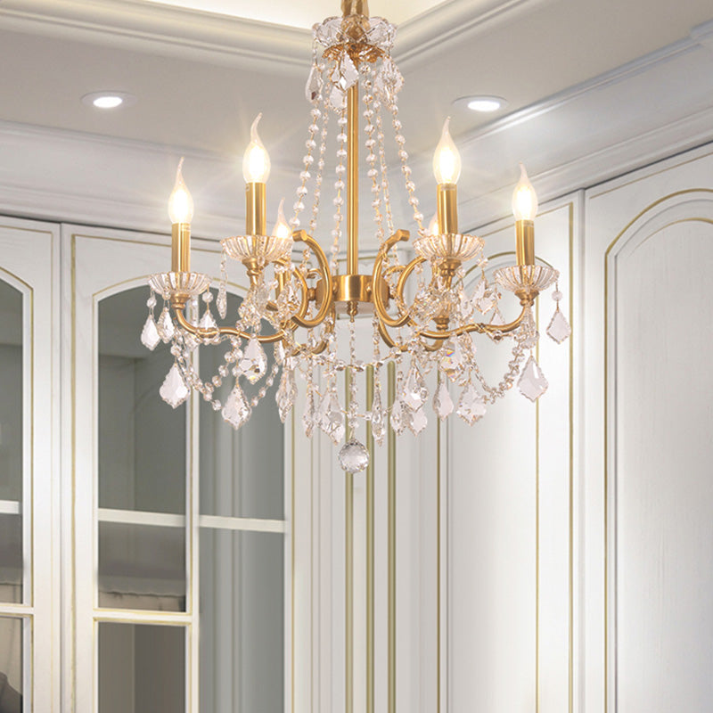 Candle Dining Lobby Ceiling Chandelier Antiqued Crystal 6-Light Gold Pendant Lighting Fixture Clearhalo 'Ceiling Lights' 'Chandeliers' Lighting' options 787460