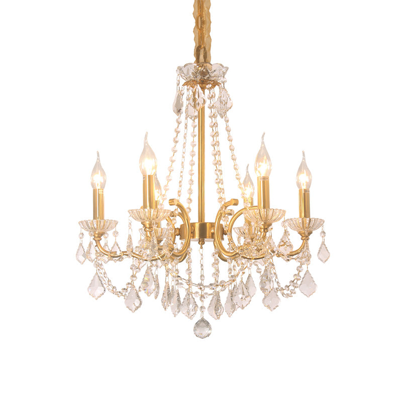 Candle Dining Lobby Ceiling Chandelier Antiqued Crystal 6-Light Gold Pendant Lighting Fixture Clearhalo 'Ceiling Lights' 'Chandeliers' Lighting' options 787461