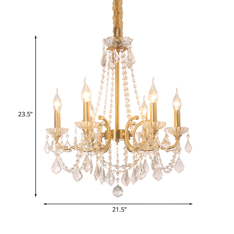 Candle Dining Lobby Ceiling Chandelier Antiqued Crystal 6-Light Gold Pendant Lighting Fixture Clearhalo 'Ceiling Lights' 'Chandeliers' Lighting' options 787462