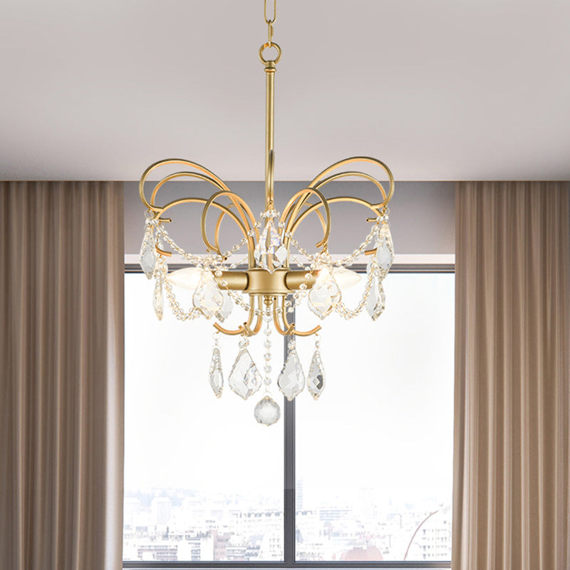 3 Bulbs Butterfly Chandelier Lighting Rural Gold Metal Pendant Lamp with Crystal Strand Decor Gold Clearhalo 'Ceiling Lights' 'Chandeliers' Lighting' options 787463_cfeda5f5-7535-4fa2-a596-6be617a3c9ec