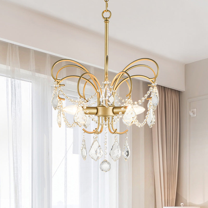 3 Bulbs Butterfly Chandelier Lighting Rural Gold Metal Pendant Lamp with Crystal Strand Decor Clearhalo 'Ceiling Lights' 'Chandeliers' Lighting' options 787464