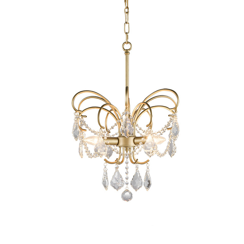 3 Bulbs Butterfly Chandelier Lighting Rural Gold Metal Pendant Lamp with Crystal Strand Decor Clearhalo 'Ceiling Lights' 'Chandeliers' Lighting' options 787465