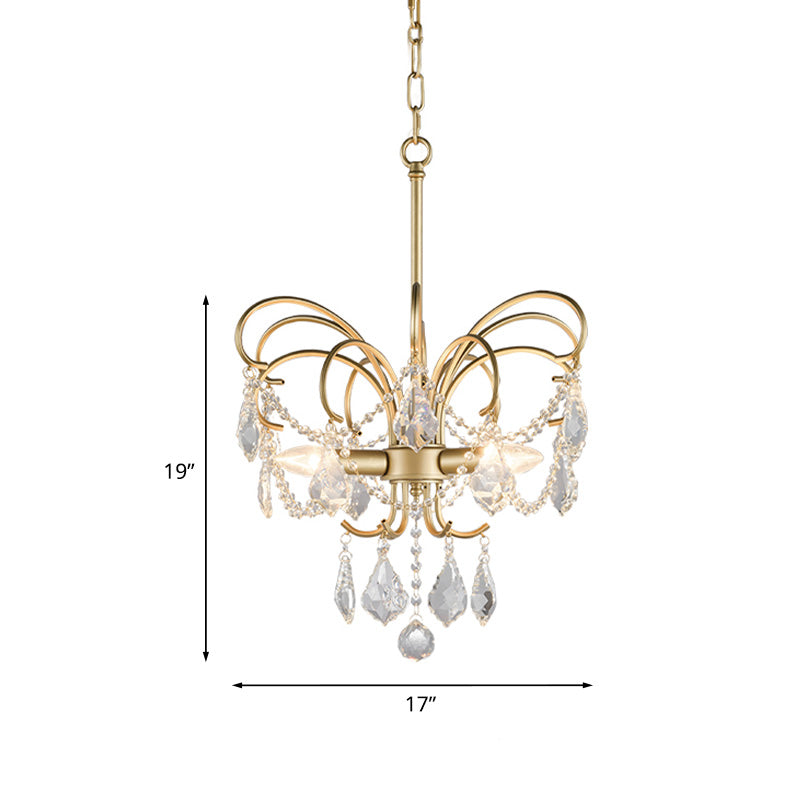 3 Bulbs Butterfly Chandelier Lighting Rural Gold Metal Pendant Lamp with Crystal Strand Decor Clearhalo 'Ceiling Lights' 'Chandeliers' Lighting' options 787466