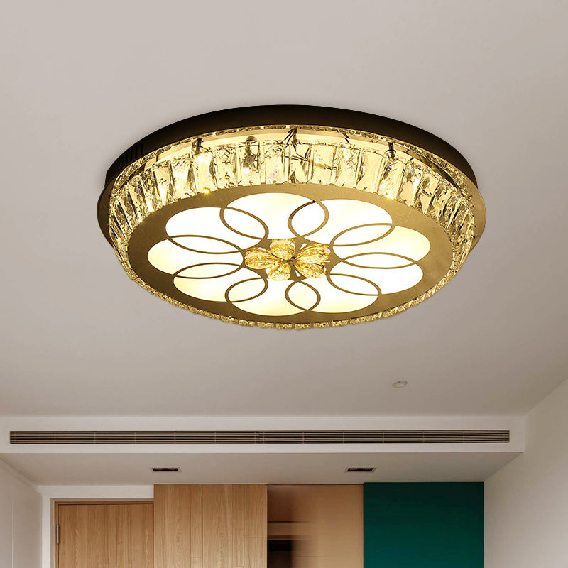 Round Crystal Encrusted Flush Light Contemporary Hotel LED Ceiling Mount Lamp with Petal Pattern in Chrome Chrome A Clearhalo 'Ceiling Lights' 'Close To Ceiling Lights' 'Close to ceiling' 'Flush mount' Lighting' 787558