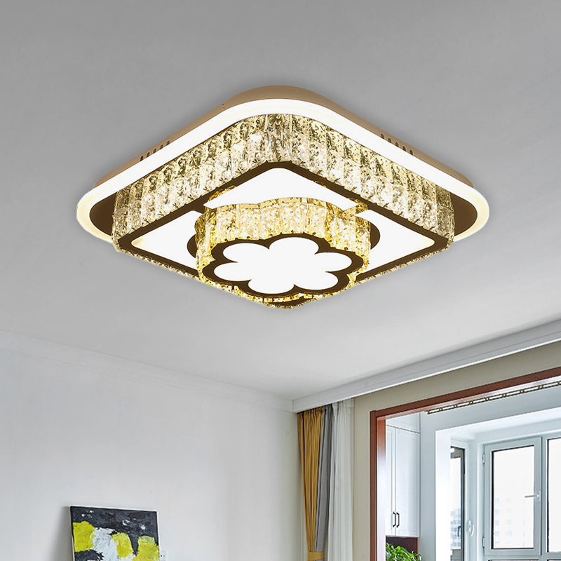 Crystal-Encrusted White Ceiling Flush Square and Round/Flower/Diamond Modernist LED Flushmount Lighting for Bedroom Clearhalo 'Ceiling Lights' 'Close To Ceiling Lights' 'Close to ceiling' 'Flush mount' Lighting' 787568