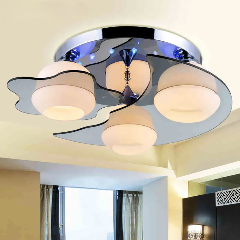 3/5-Head White Glass Flushmount Modernism Chrome Floral Living Room Ceiling Flush Light with Crystal Ball Drop 3 Chrome Clearhalo 'Ceiling Lights' 'Close To Ceiling Lights' 'Close to ceiling' 'Flush mount' Lighting' 787634