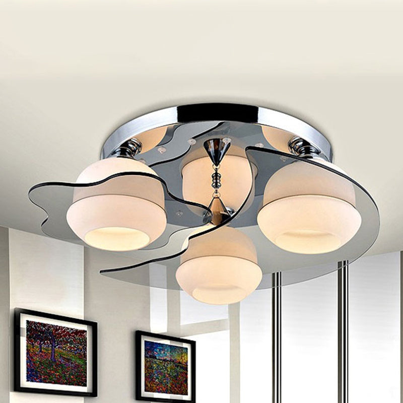 3/5-Head White Glass Flushmount Modernism Chrome Floral Living Room Ceiling Flush Light with Crystal Ball Drop Clearhalo 'Ceiling Lights' 'Close To Ceiling Lights' 'Close to ceiling' 'Flush mount' Lighting' 787635