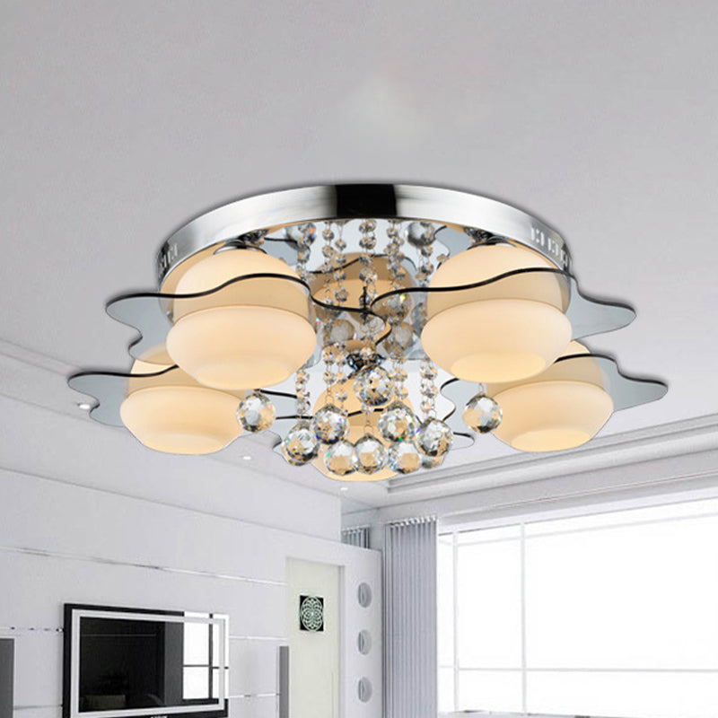 3/5-Head White Glass Flushmount Modernism Chrome Floral Living Room Ceiling Flush Light with Crystal Ball Drop Clearhalo 'Ceiling Lights' 'Close To Ceiling Lights' 'Close to ceiling' 'Flush mount' Lighting' 787639