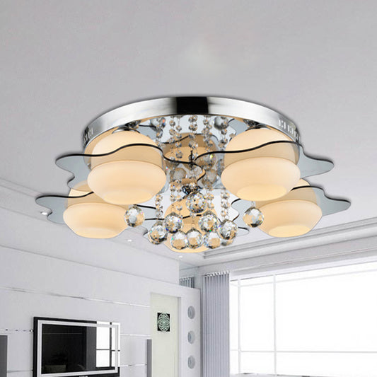 3/5-Head White Glass Flushmount Modernism Chrome Floral Living Room Ceiling Flush Light with Crystal Ball Drop Clearhalo 'Ceiling Lights' 'Close To Ceiling Lights' 'Close to ceiling' 'Flush mount' Lighting' 787639