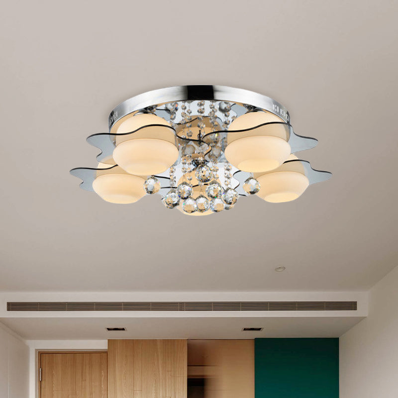 3/5-Head White Glass Flushmount Modernism Chrome Floral Living Room Ceiling Flush Light with Crystal Ball Drop Clearhalo 'Ceiling Lights' 'Close To Ceiling Lights' 'Close to ceiling' 'Flush mount' Lighting' 787640