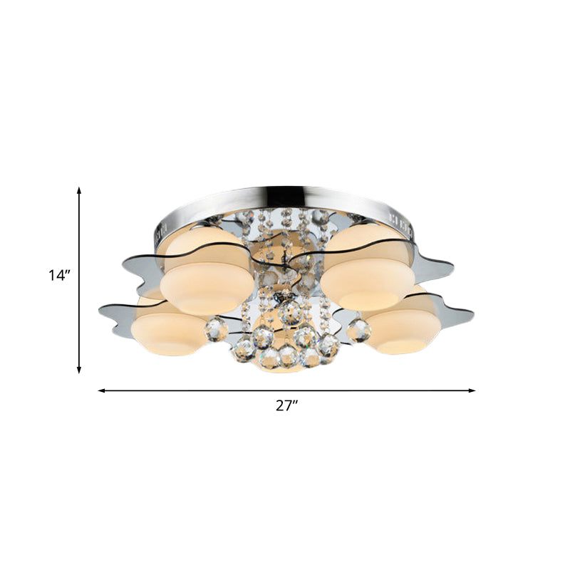 3/5-Head White Glass Flushmount Modernism Chrome Floral Living Room Ceiling Flush Light with Crystal Ball Drop Clearhalo 'Ceiling Lights' 'Close To Ceiling Lights' 'Close to ceiling' 'Flush mount' Lighting' 787642