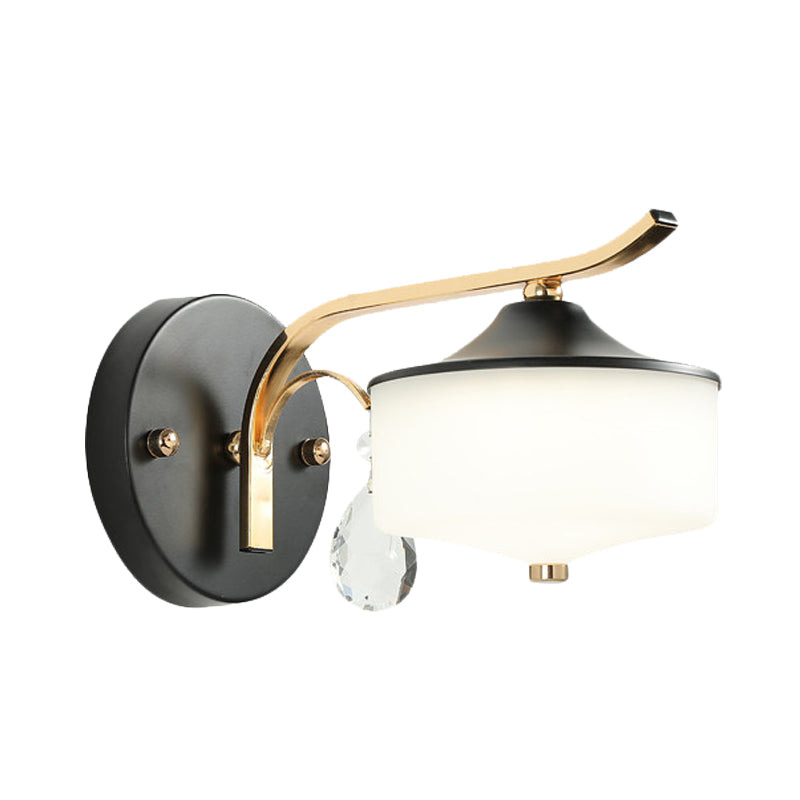 Drum Indoor Wall Sconce Opal Glass 1 Light Post Modern LED Wall Lighting in Black and Gold with Crystal Droplet Clearhalo 'Cast Iron' 'Glass' 'Industrial' 'Modern wall lights' 'Modern' 'Tiffany' 'Traditional wall lights' 'Wall Lamps & Sconces' 'Wall Lights' Lighting' 787656