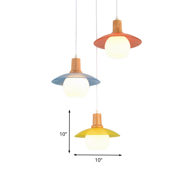Macaron Disk Multi Pendant Light Blue-Pink-Yellow Glass 3 Bulbs Dining Room Drop Lamp with Wood Top Clearhalo 'Ceiling Lights' 'Chandeliers' 'Glass shade' 'Glass' 'Modern Pendants' 'Modern' 'Pendant Lights' 'Pendants' Lighting' 787670