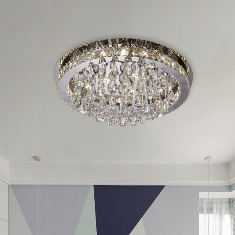 Nickel LED Ceiling Flush Light Modernist Beveled Cut Crystal-Encrusted Circular Flushmount with Crystal Drops Nickel Clearhalo 'Ceiling Lights' 'Close To Ceiling Lights' 'Close to ceiling' 'Flush mount' Lighting' 787689