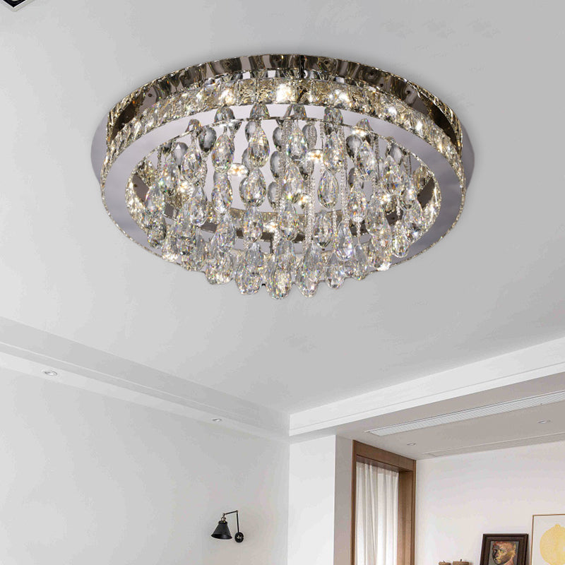 Nickel LED Ceiling Flush Light Modernist Beveled Cut Crystal-Encrusted Circular Flushmount with Crystal Drops Clearhalo 'Ceiling Lights' 'Close To Ceiling Lights' 'Close to ceiling' 'Flush mount' Lighting' 787690