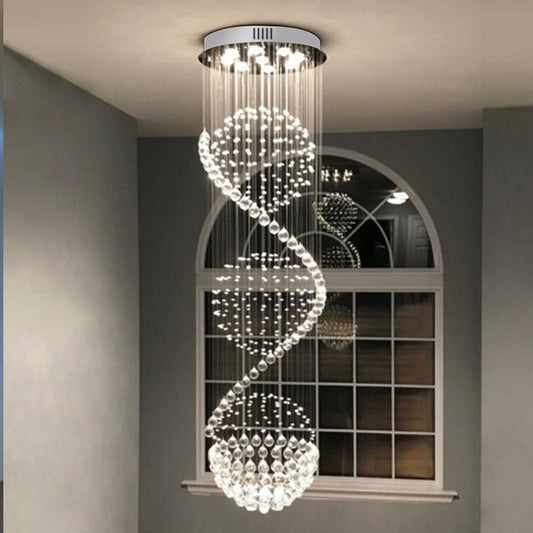 Spiral Cascading Crystal Ceiling Lamp Modern 9 Bulbs Lobby Flush Mount Light Fixture in Satin Nickel Clearhalo 'Ceiling Lights' 'Close To Ceiling Lights' 'Close to ceiling' 'Flush mount' Lighting' 787706
