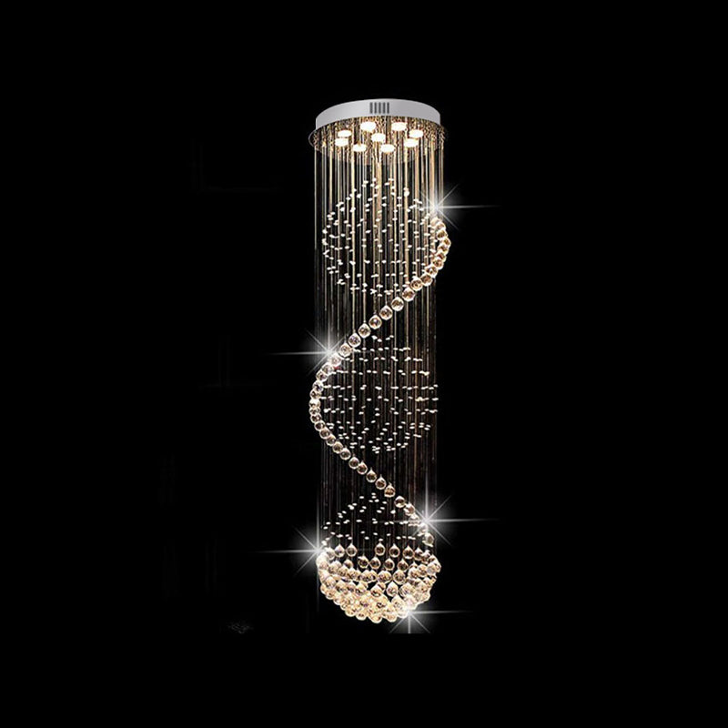 Spiral Cascading Crystal Ceiling Lamp Modern 9 Bulbs Lobby Flush Mount Light Fixture in Satin Nickel Clearhalo 'Ceiling Lights' 'Close To Ceiling Lights' 'Close to ceiling' 'Flush mount' Lighting' 787707