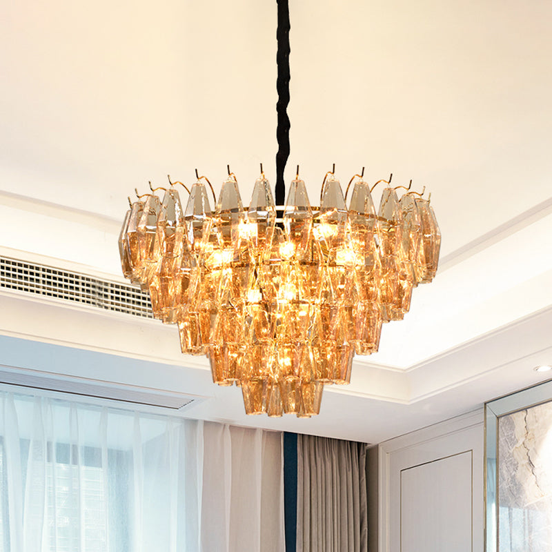 7 Lights Chandelier Traditional Living Room Pendant Lamp with Conical Amber Glass Shade Clearhalo 'Ceiling Lights' 'Chandeliers' Lighting' options 787733