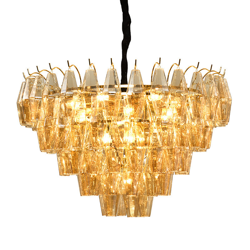 7 Lights Chandelier Traditional Living Room Pendant Lamp with Conical Amber Glass Shade Clearhalo 'Ceiling Lights' 'Chandeliers' Lighting' options 787734