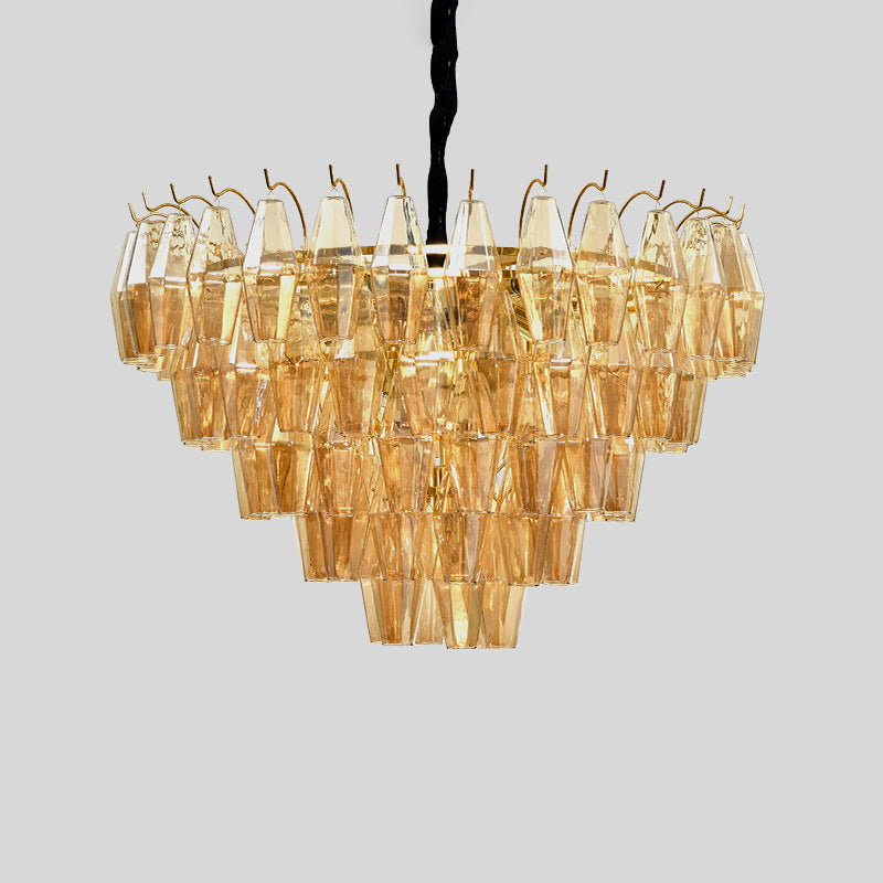 7 Lights Chandelier Traditional Living Room Pendant Lamp with Conical Amber Glass Shade Clearhalo 'Ceiling Lights' 'Chandeliers' Lighting' options 787735