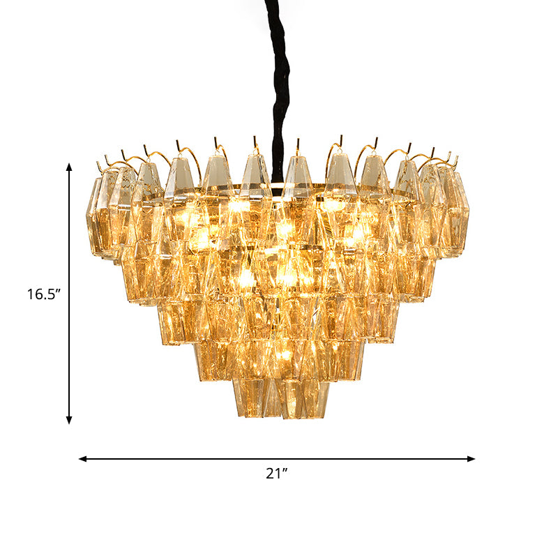 7 Lights Chandelier Traditional Living Room Pendant Lamp with Conical Amber Glass Shade Clearhalo 'Ceiling Lights' 'Chandeliers' Lighting' options 787736