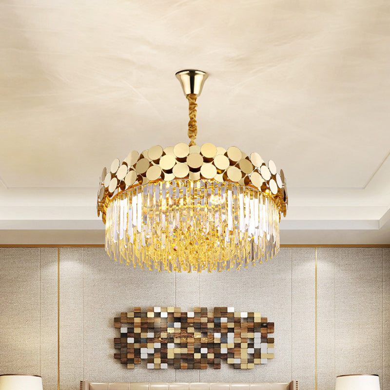 9 Heads Chandelier Lighting Country Drum Crystal Pendant Light Kit in Gold with Metal Dotted Design Clearhalo 'Ceiling Lights' 'Chandeliers' Lighting' options 787751