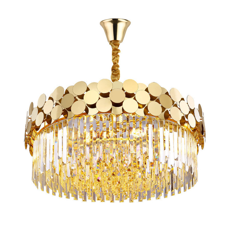 9 Heads Chandelier Lighting Country Drum Crystal Pendant Light Kit in Gold with Metal Dotted Design Clearhalo 'Ceiling Lights' 'Chandeliers' Lighting' options 787753