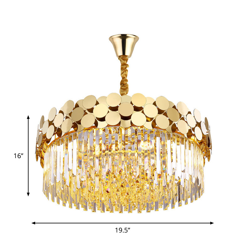 9 Heads Chandelier Lighting Country Drum Crystal Pendant Light Kit in Gold with Metal Dotted Design Clearhalo 'Ceiling Lights' 'Chandeliers' Lighting' options 787754